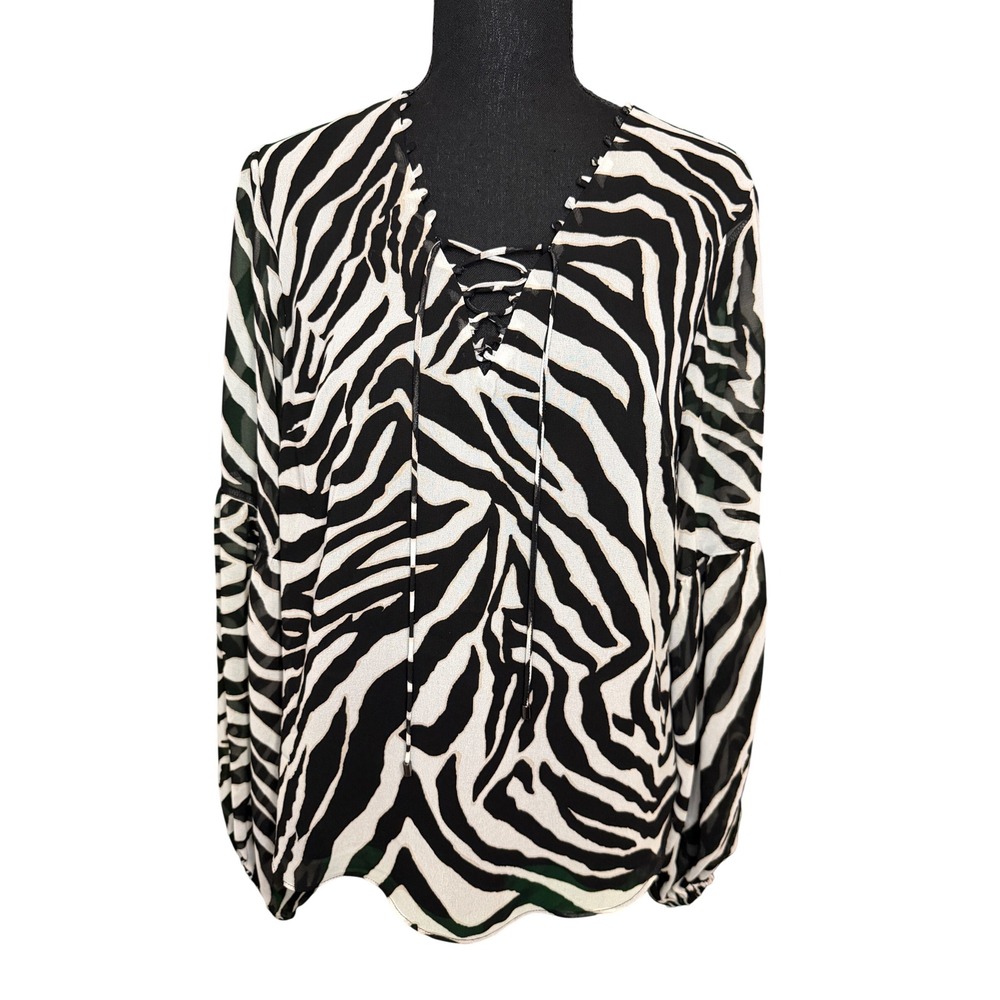White House Black Market Zebra Print Lace Up V-Neck Chiffon Blouse Womens Medium